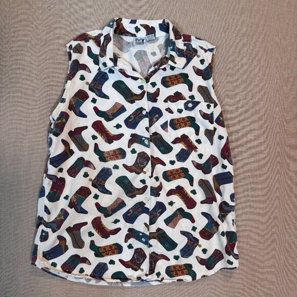 Vintage 90s Western Cowboy Boot Print Sleeveless Button Down Shirt Women’s Rodeo - Picture 2 of 5